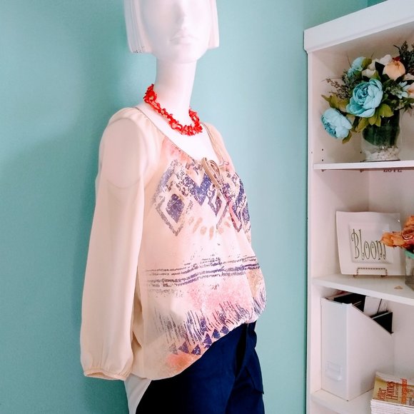 Ivory Print Bohemian Top Sz S - Picture 3 of 8